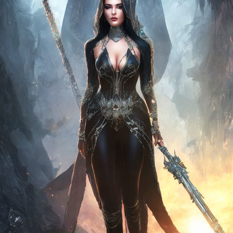 Digital artwork: Woman in black fantasy costume with sword in misty, fiery forest.