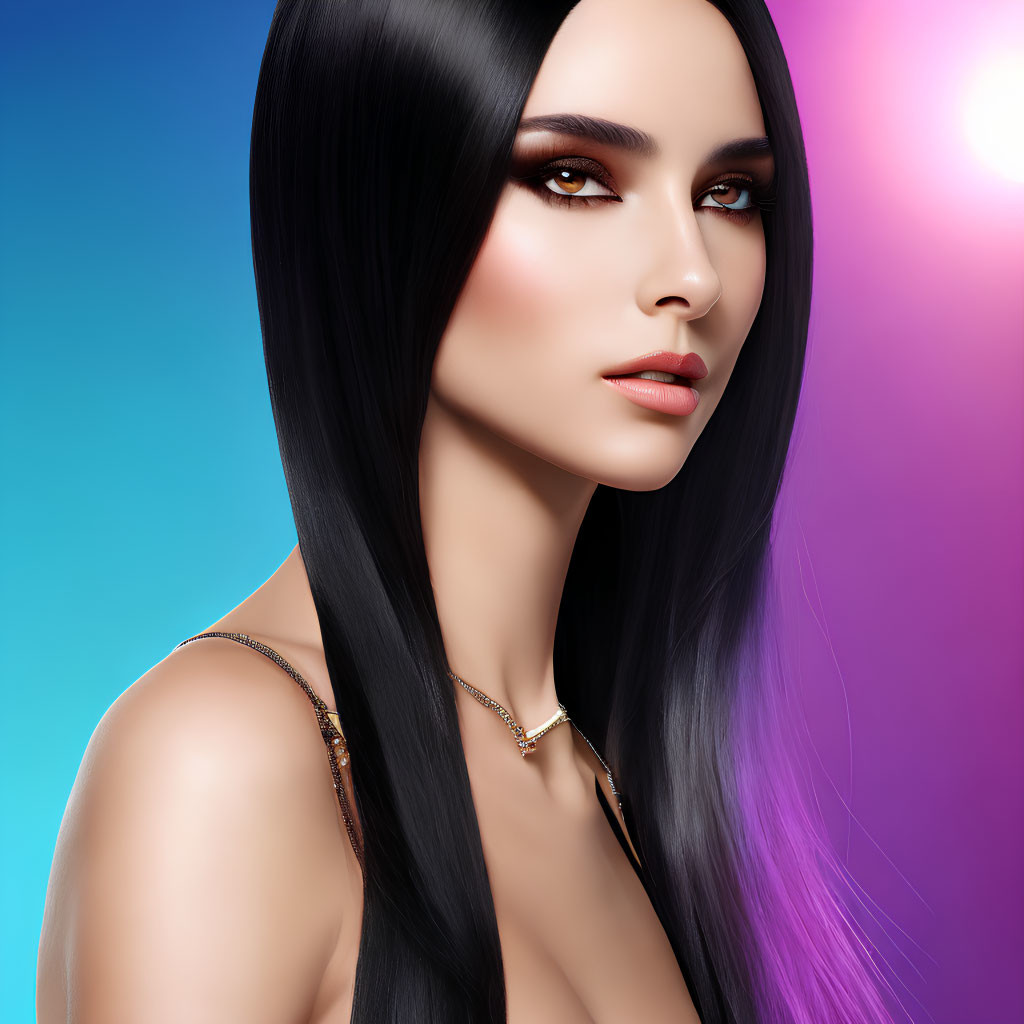 Woman with long black hair and smoky eyes on blue-pink gradient backdrop