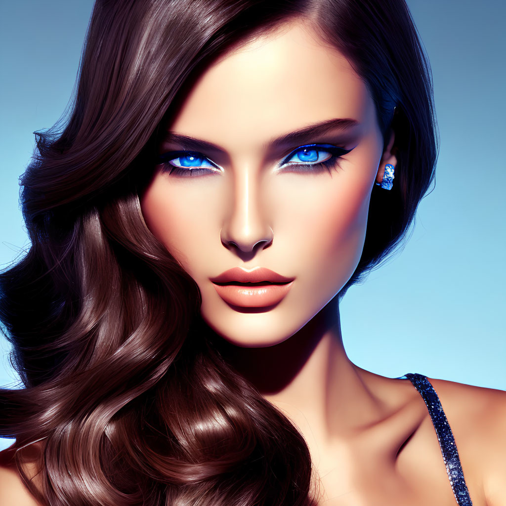 Digital artwork of woman with blue eyes, glossy lips, and brunette hair in sequin dress