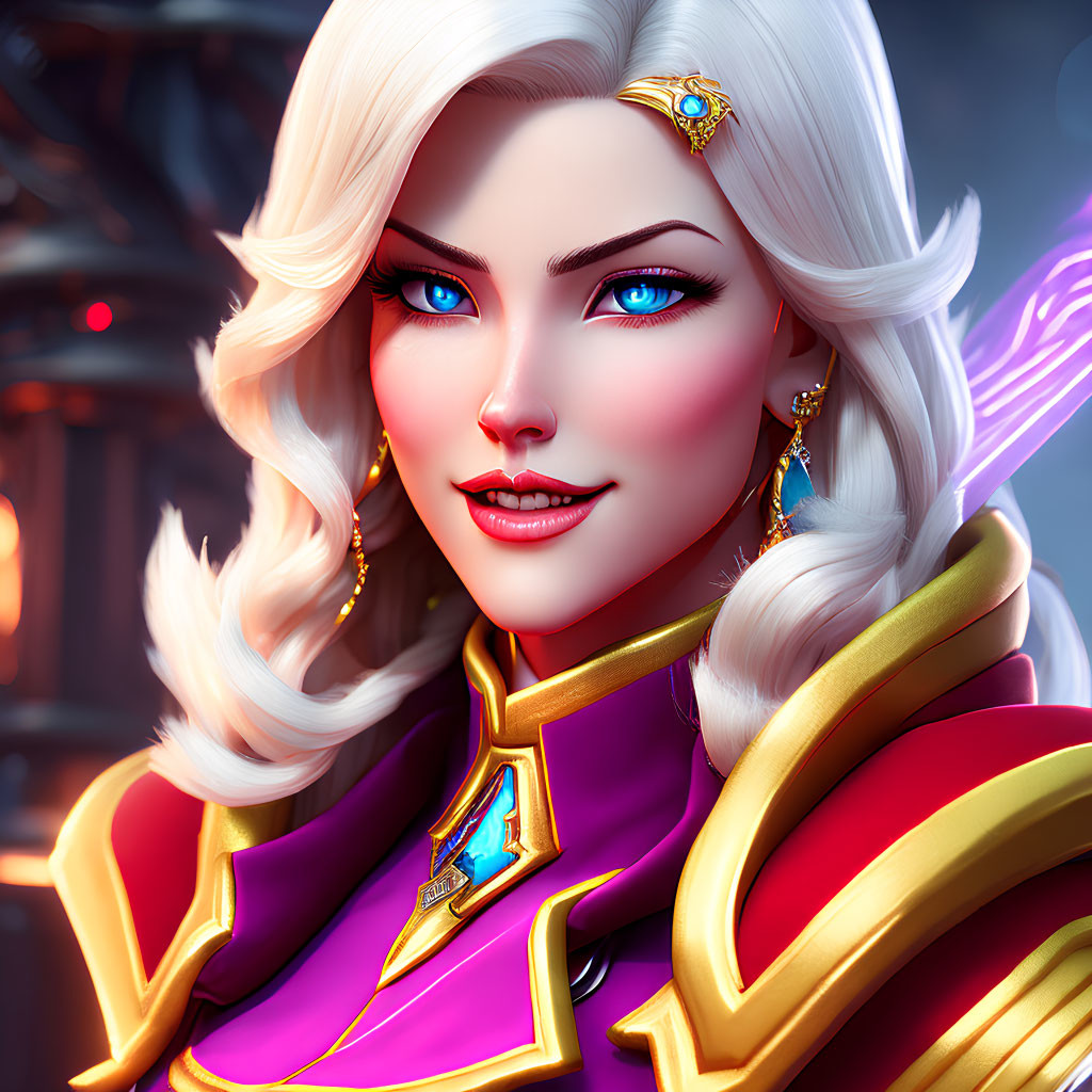 Fantasy character digital portrait with blue eyes, blonde hair, gold jewelry, red and purple outfit