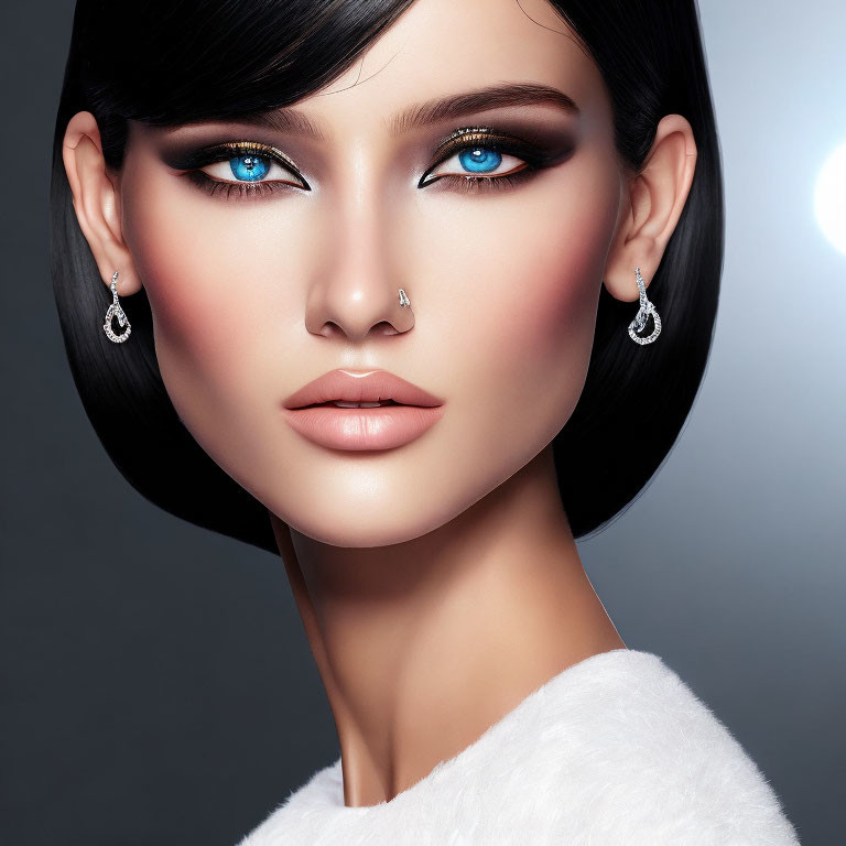 Portrait of woman with striking blue eyes and diamond earrings on grey backdrop