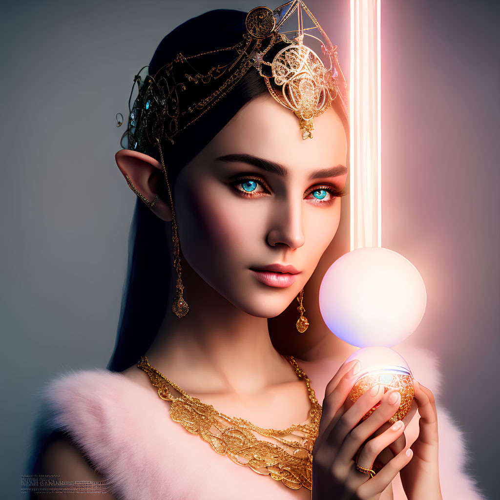 Fantasy elf digital art: pointy ears, golden jewelry, glowing orb, vertical light beam