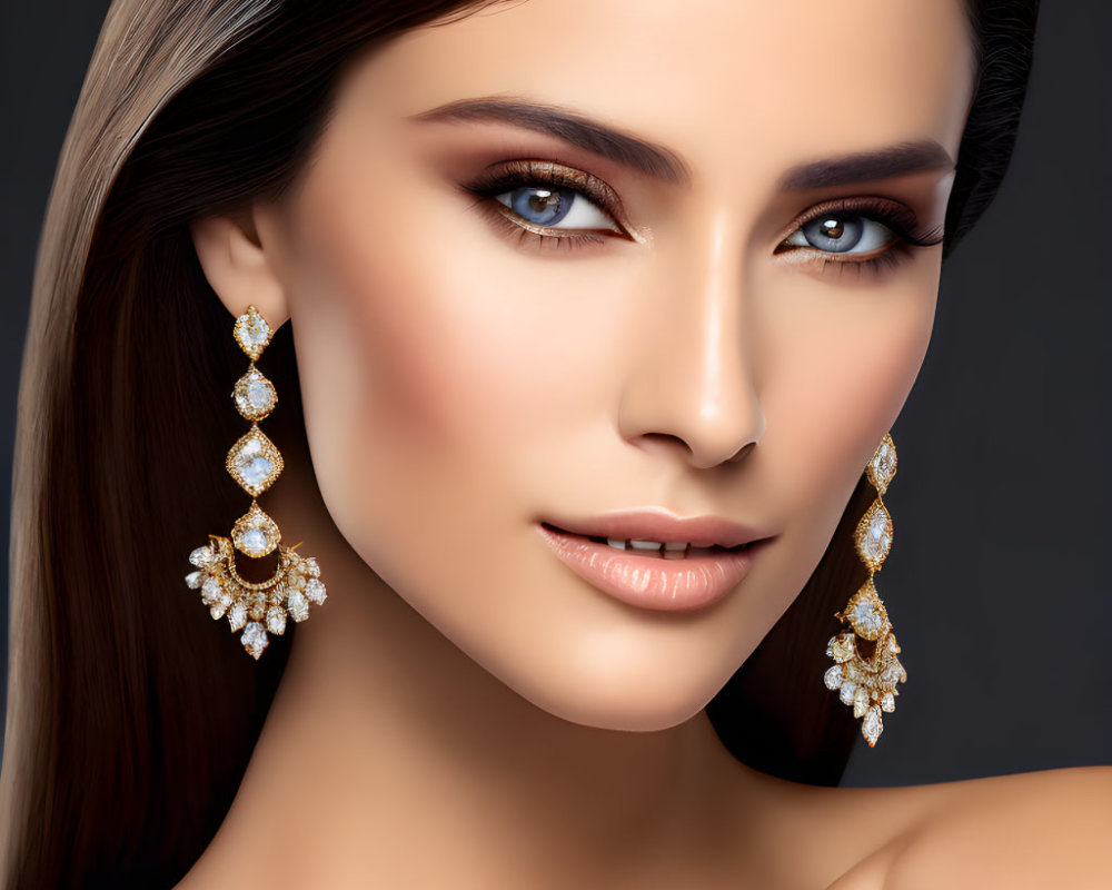 Brown-haired woman with smokey eye makeup and diamond earrings on dark background