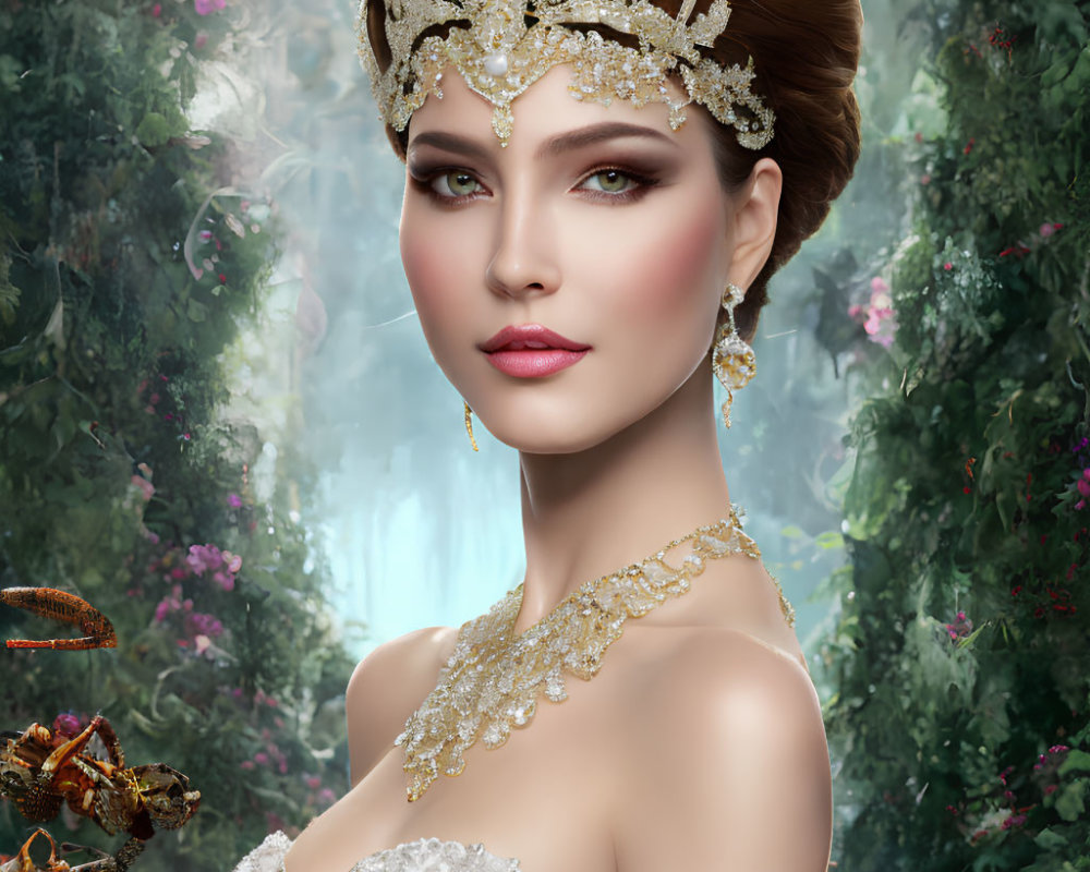 Digital portrait of woman with golden tiara and jewelry on floral background