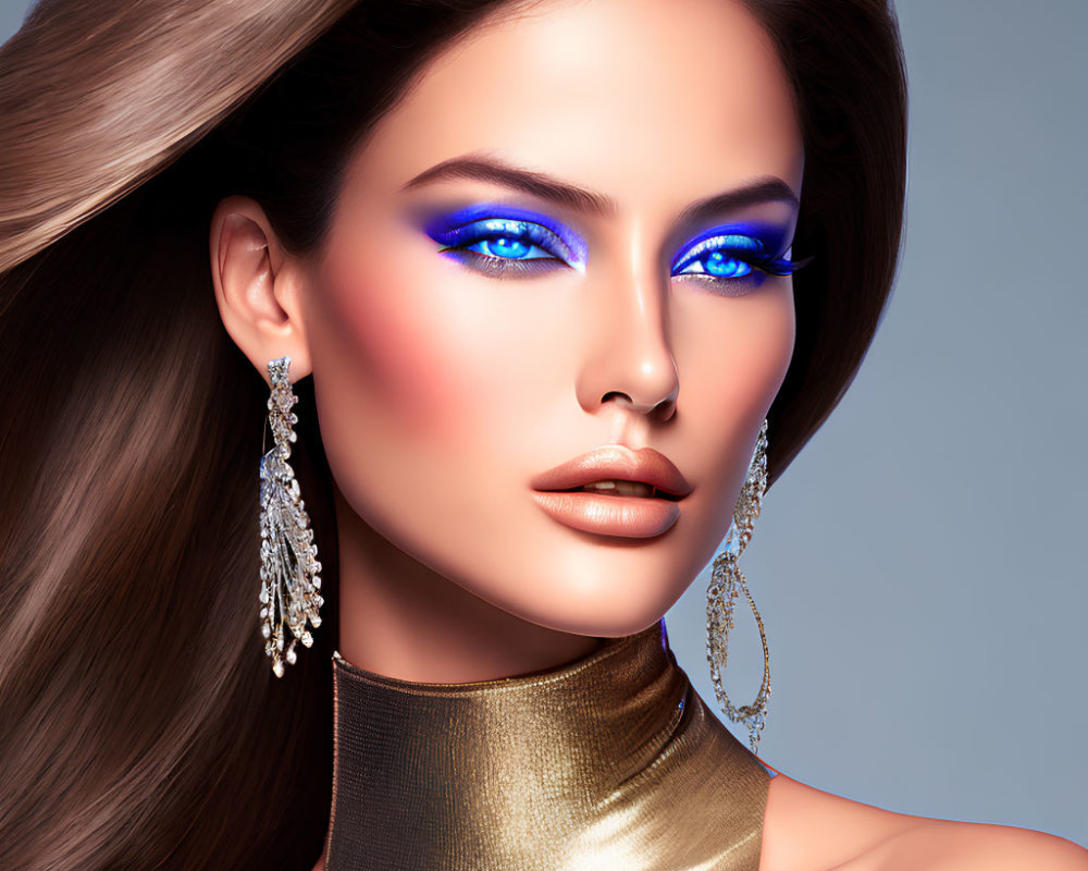 Woman with Blue Eyeshadow, Glossy Lips, Chandelier Earrings, Gold Garment on