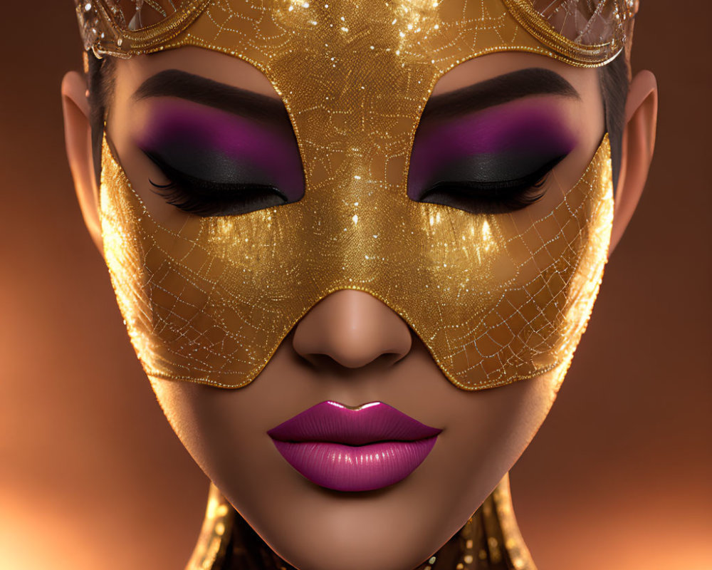 Detailed Close-Up of Person in Luxurious Golden Mask with Purple Eyeshadow and Plum Lipstick