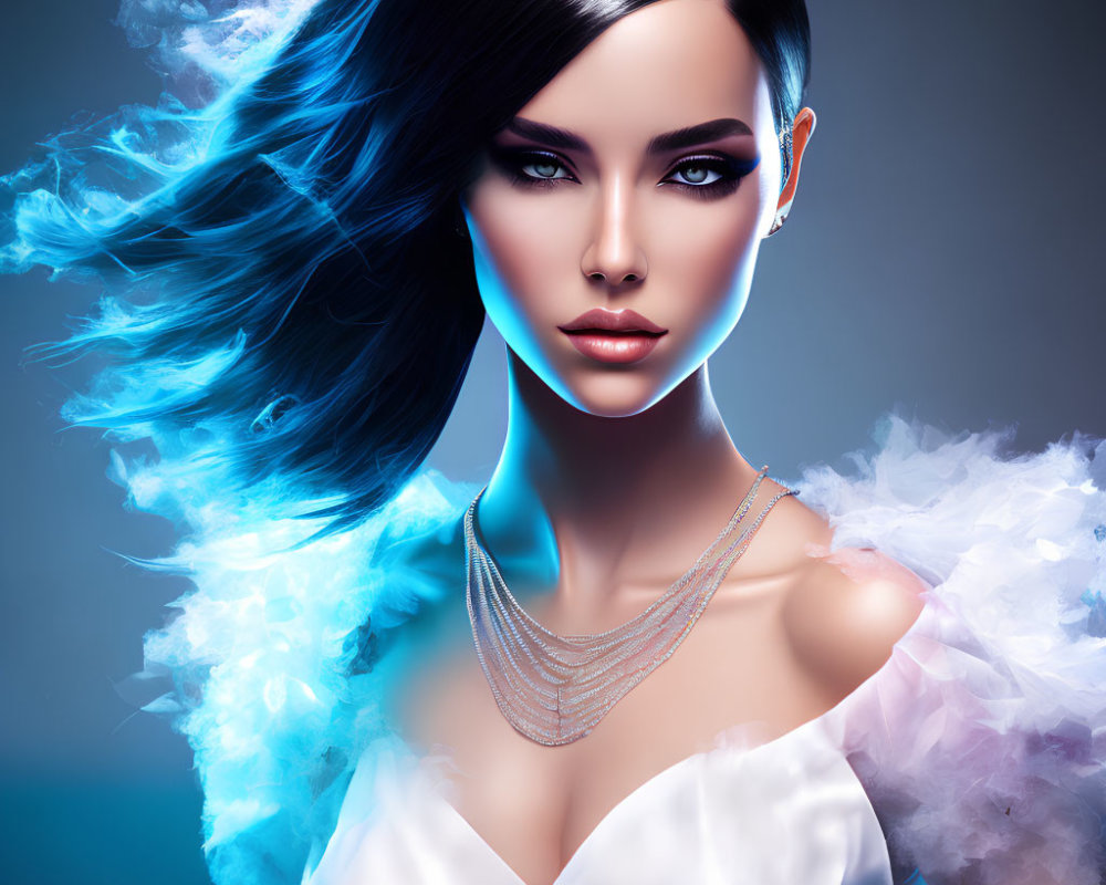 Stylized portrait of woman with blue hair and striking makeup in white dress against blue backdrop