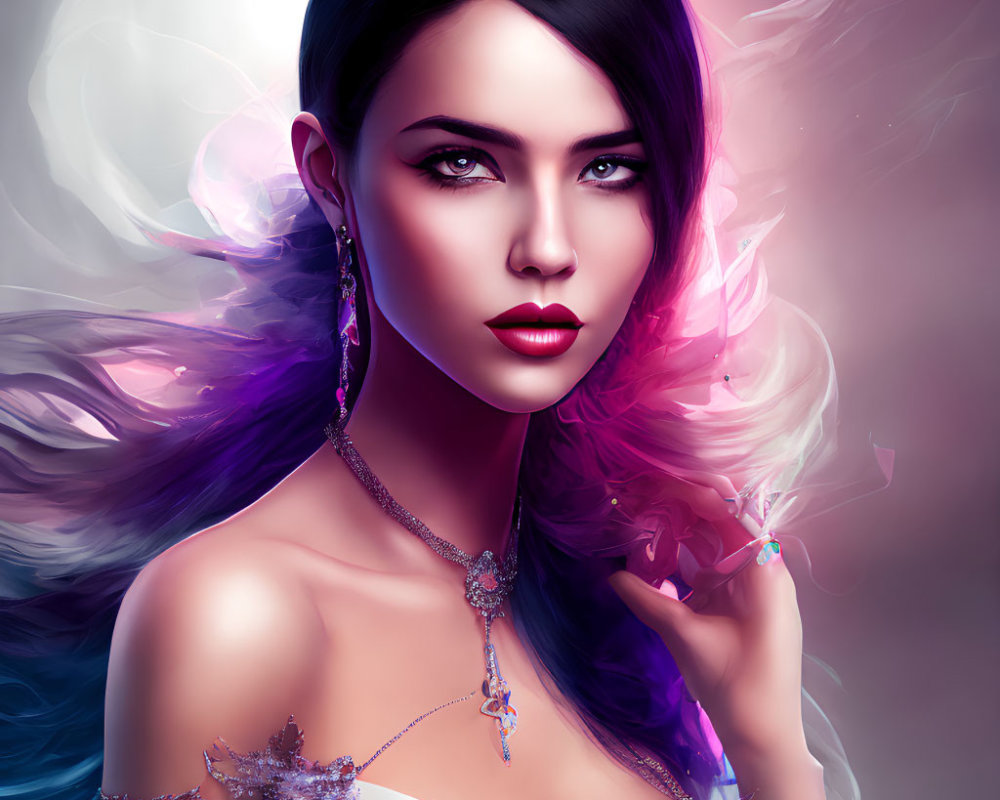 Vibrant digital illustration of woman with dark hair and colorful makeup