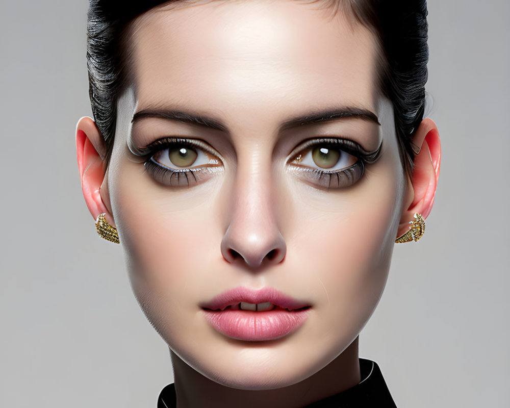 Stylized portrait of woman with sleek hair and gold earrings