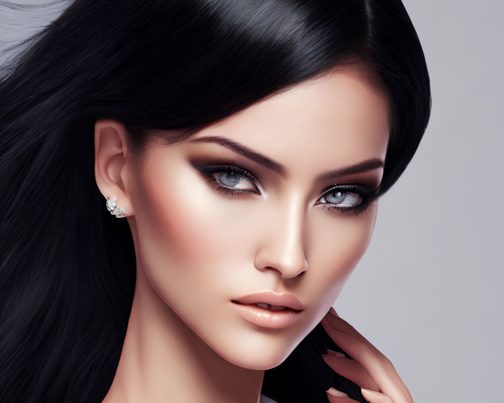 Digital portrait of woman with striking blue eyes and long black hair.