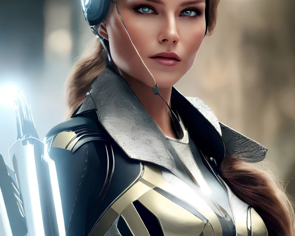 Futuristic armored woman with headset and quiver of arrows