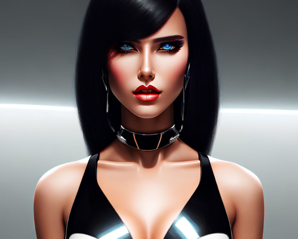 Digital Artwork: Woman with Black Hair, Blue Eye Makeup, Red Lips, Metallic Collar,