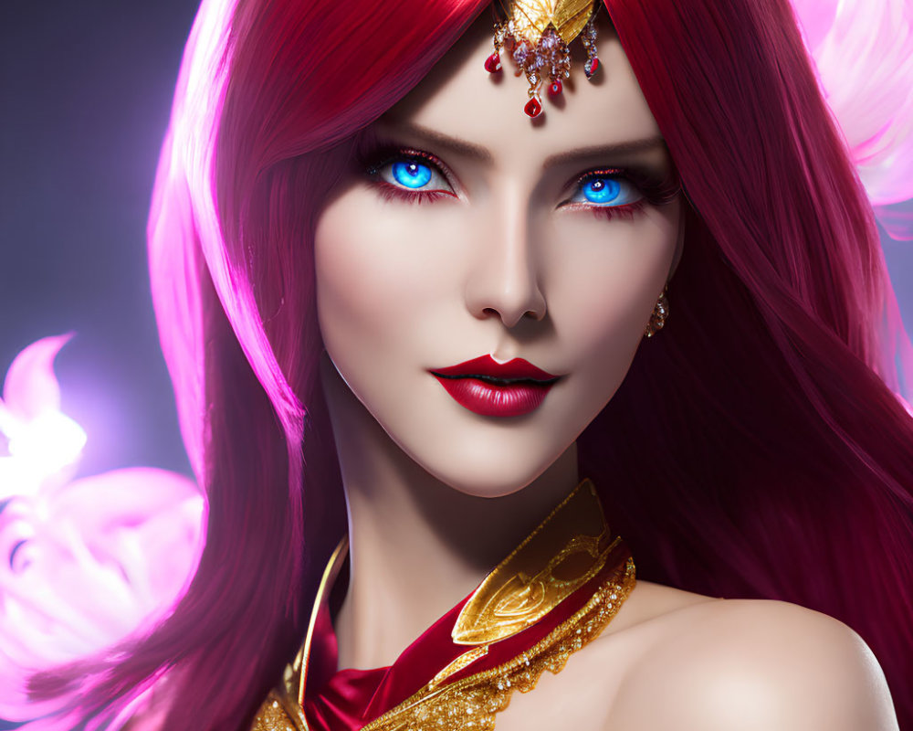 Digital portrait of woman with blue eyes, red hair, gold attire, and purple backdrop.