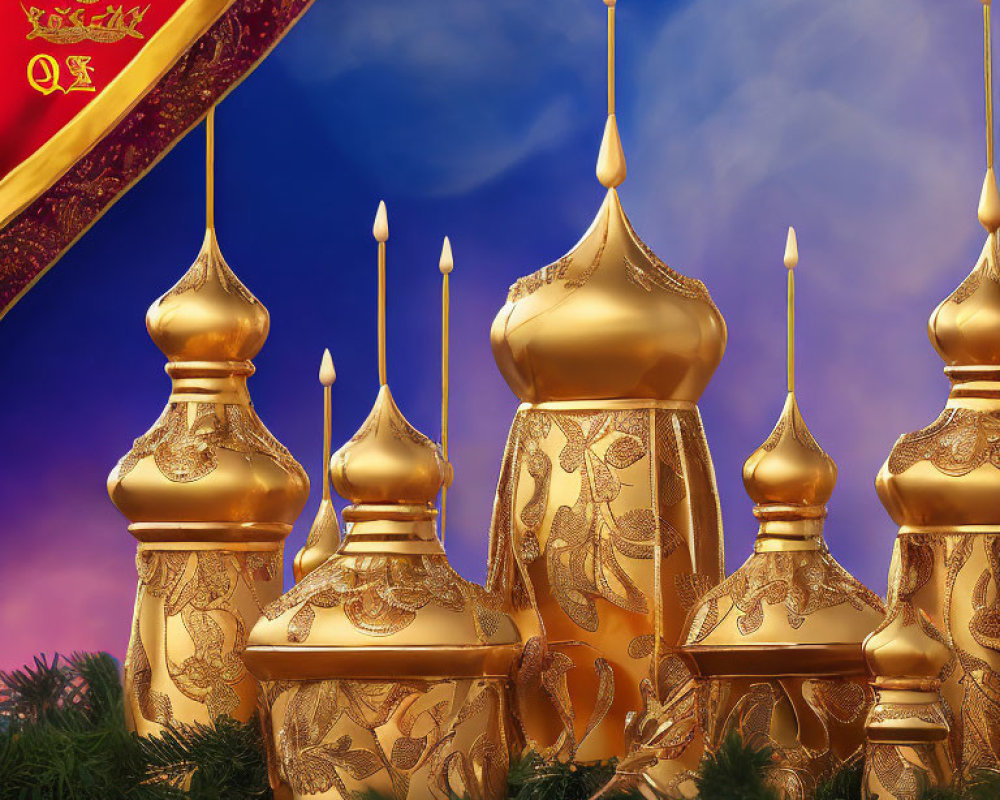 Festive golden onion domes with candles and evergreen branches on red background