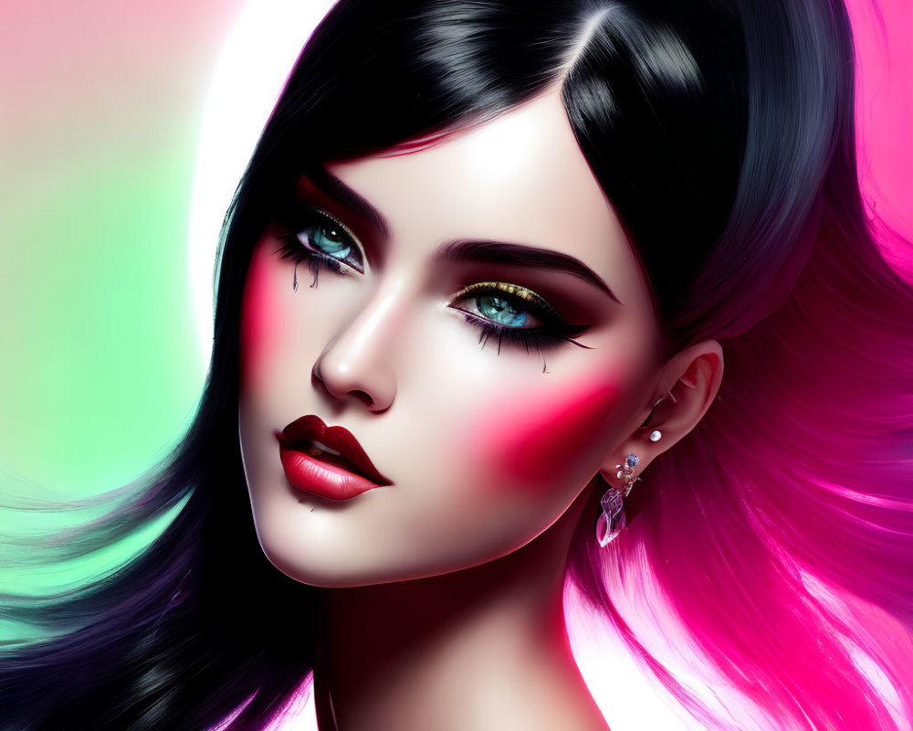 Digital artwork featuring woman with emerald eyes and neon pink highlight