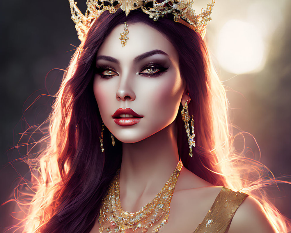 Digital artwork of woman with golden crown and jewelry, long flowing hair, intense gaze, soft-lit