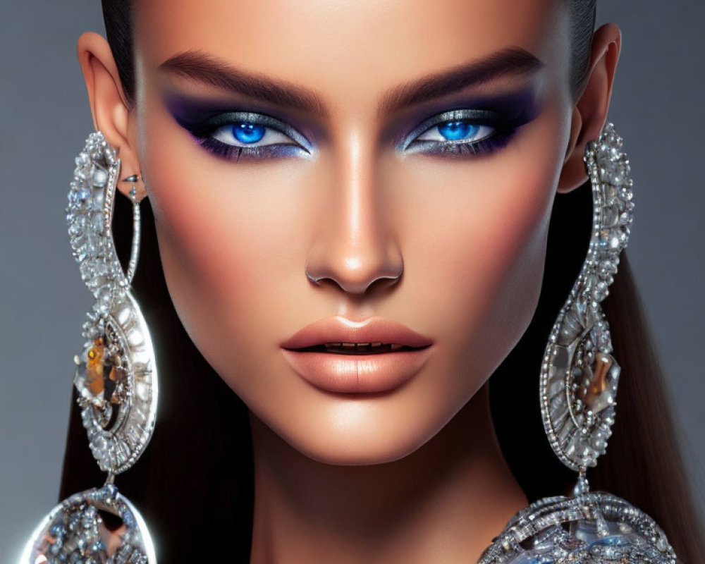 Close-up of woman with striking blue eye makeup and glamorous attire