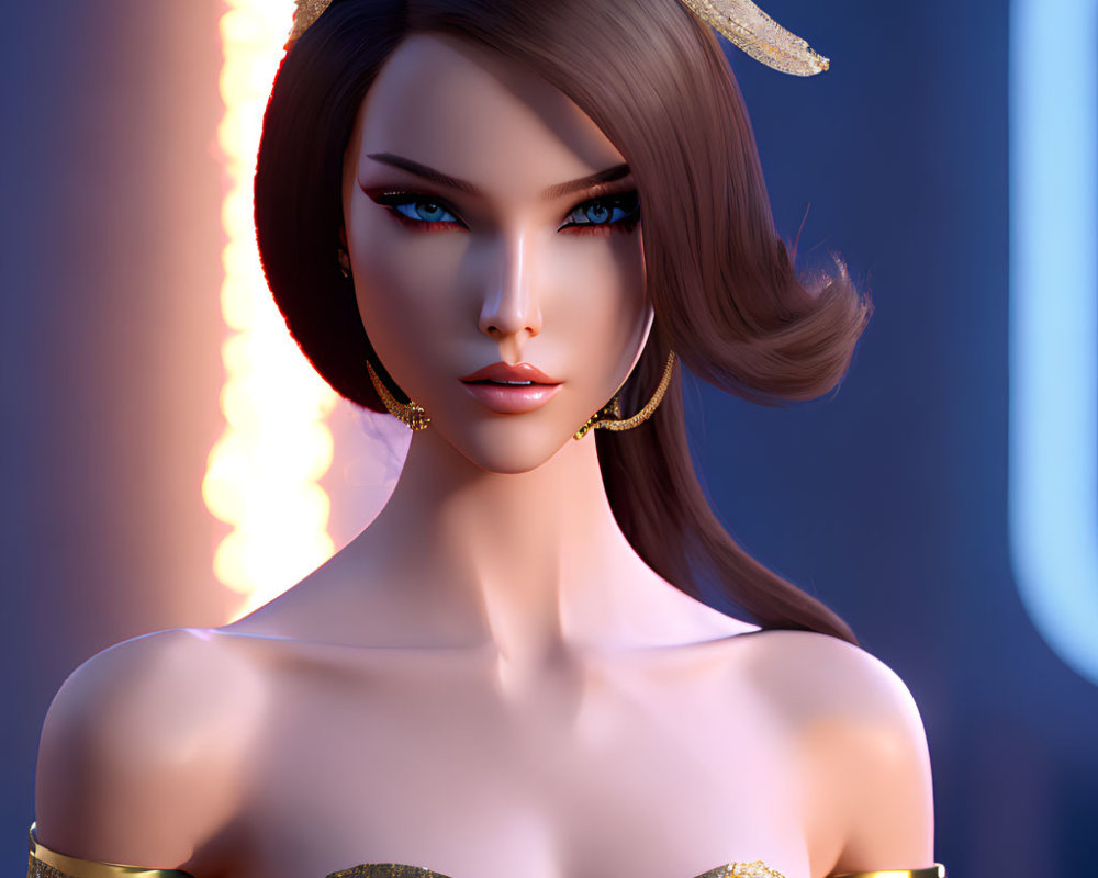 Brown-haired woman with blue eyes in gold jewelry and ornate headdress in 3D illustration