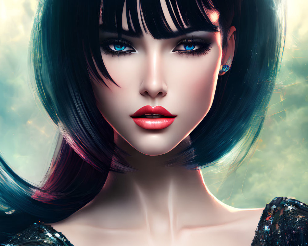 Woman with Striking Blue Eyes and Glossy Red Lips in Digital Illustration