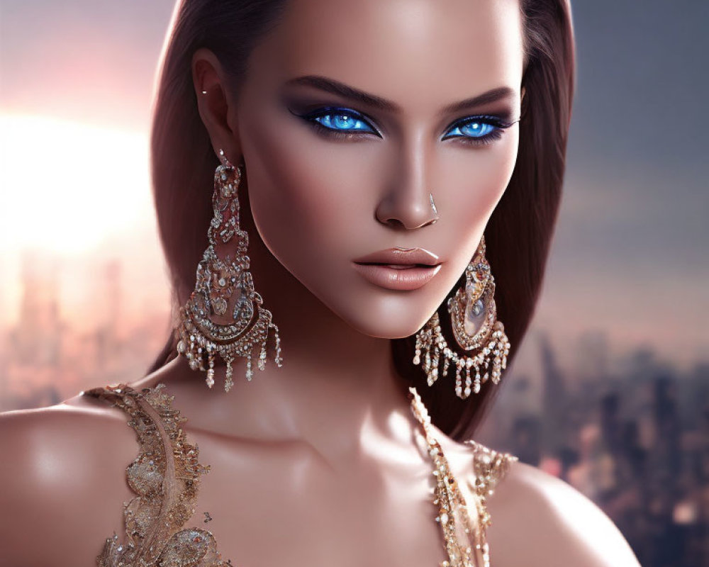 Computer-generated image of woman with blue eyes in gold sequined dress at dusk