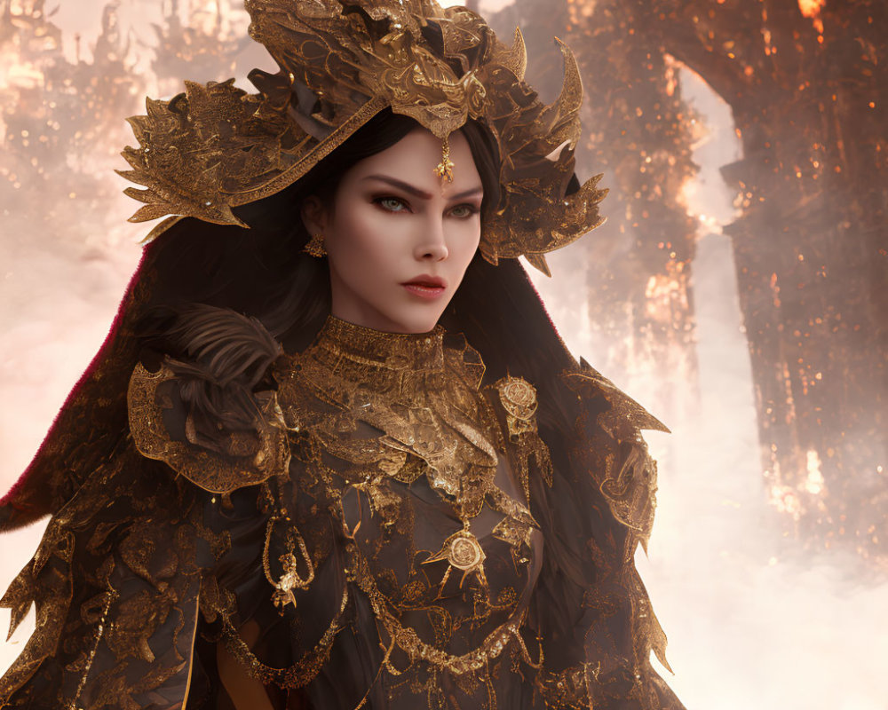 Majestic woman in golden headgear and armor against fiery backdrop