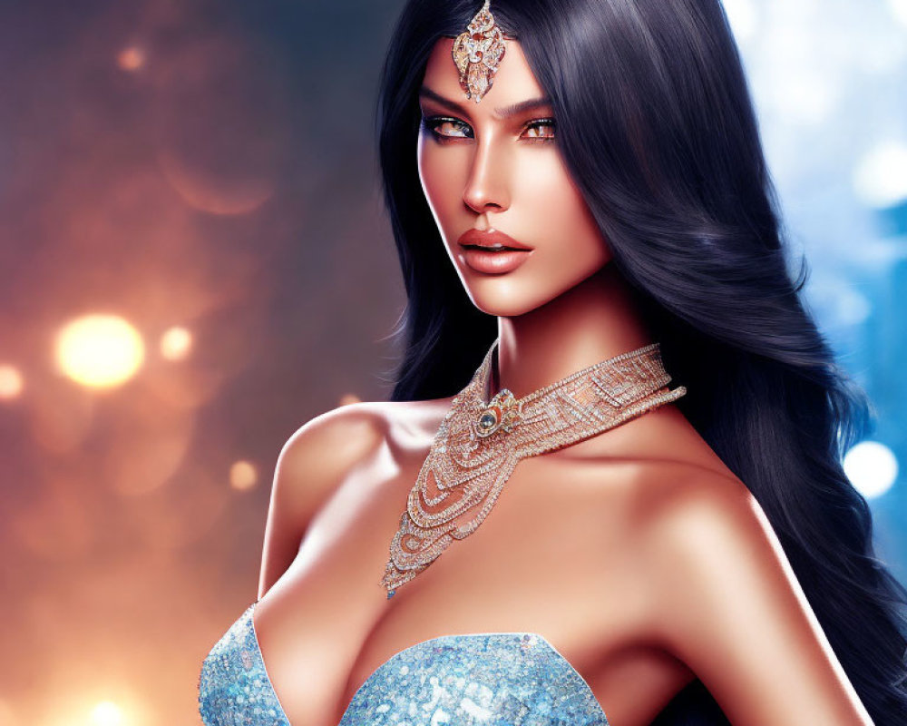 Digital art portrait of woman with long black hair, elaborate jewelry, sparkling blue top, against blurred golden