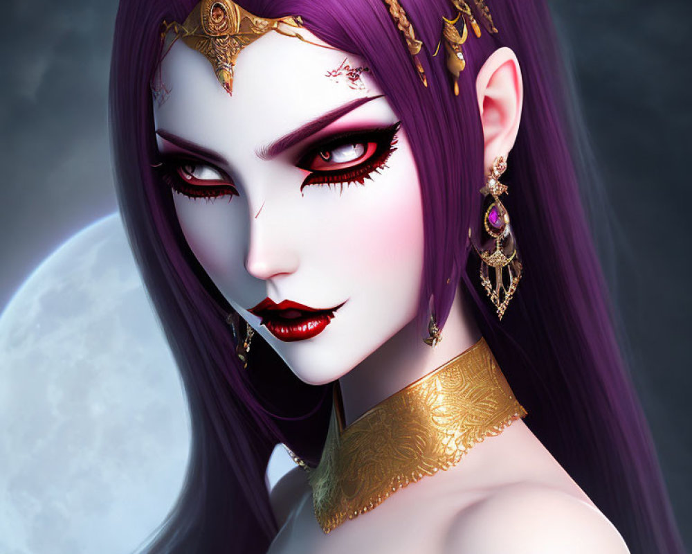 Digital artwork featuring female character with purple hair, red eyes, and ornate gold jewelry on moon backdrop