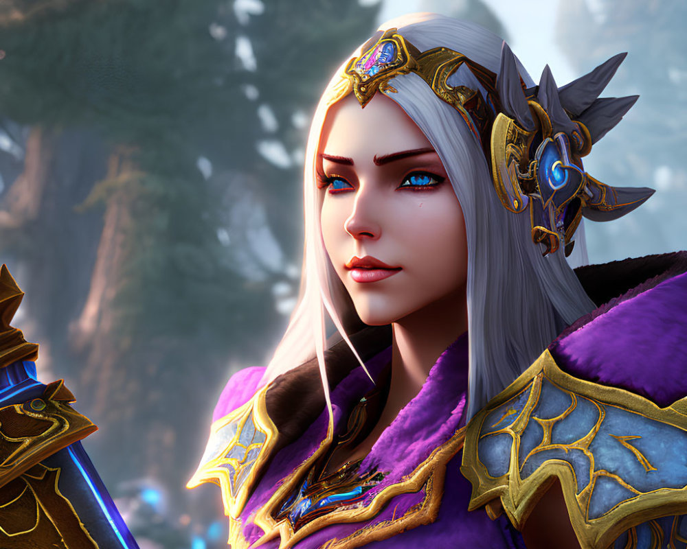 White-Haired Female Elf in Regal Gold and Blue Headpiece in Mystical Forest