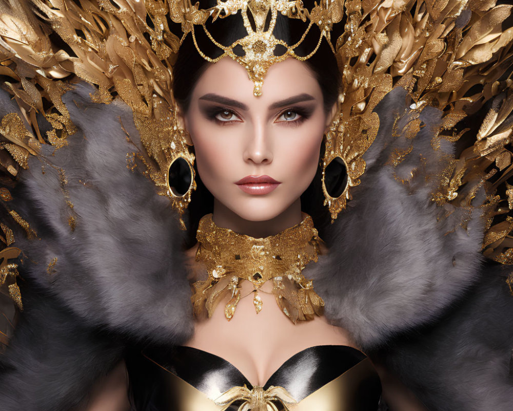 Woman with dramatic makeup and luxurious golden headdress and fur accent.