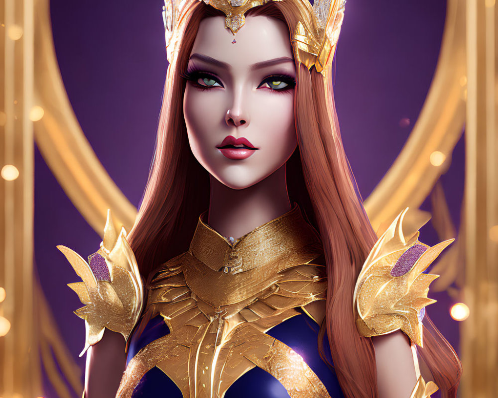 Digital illustration: Woman with green eyes, golden crown, and armor on purple background