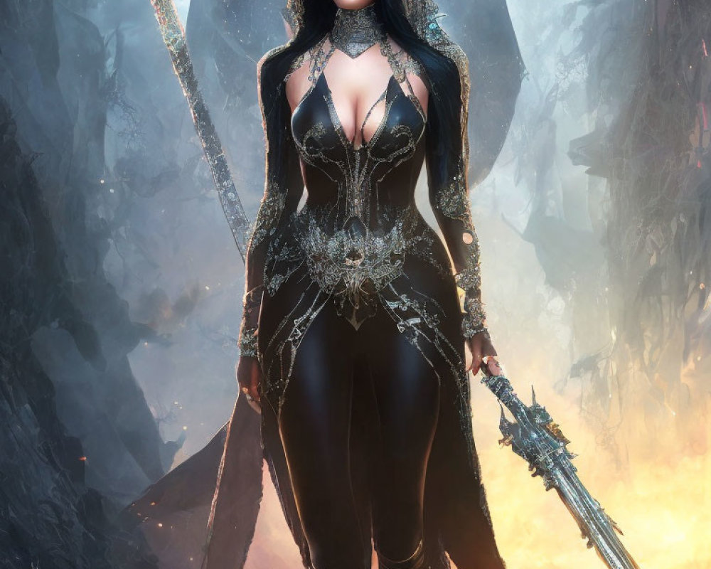 Digital artwork: Woman in black fantasy costume with sword in misty, fiery forest.