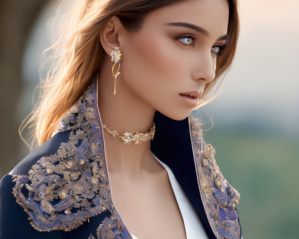 Side profile of woman in white top, navy blue jacket, gold jewelry, styled hair