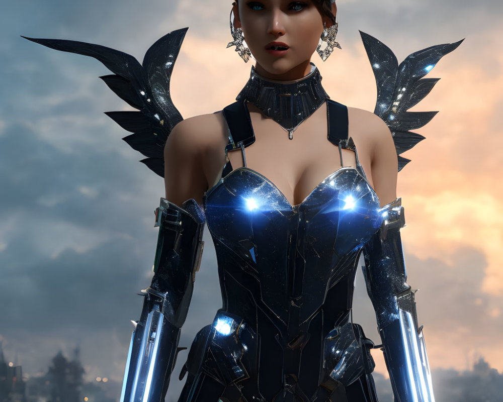 Digital artwork: Female character with angelic mechanical wings in futuristic armor on dusky sky background