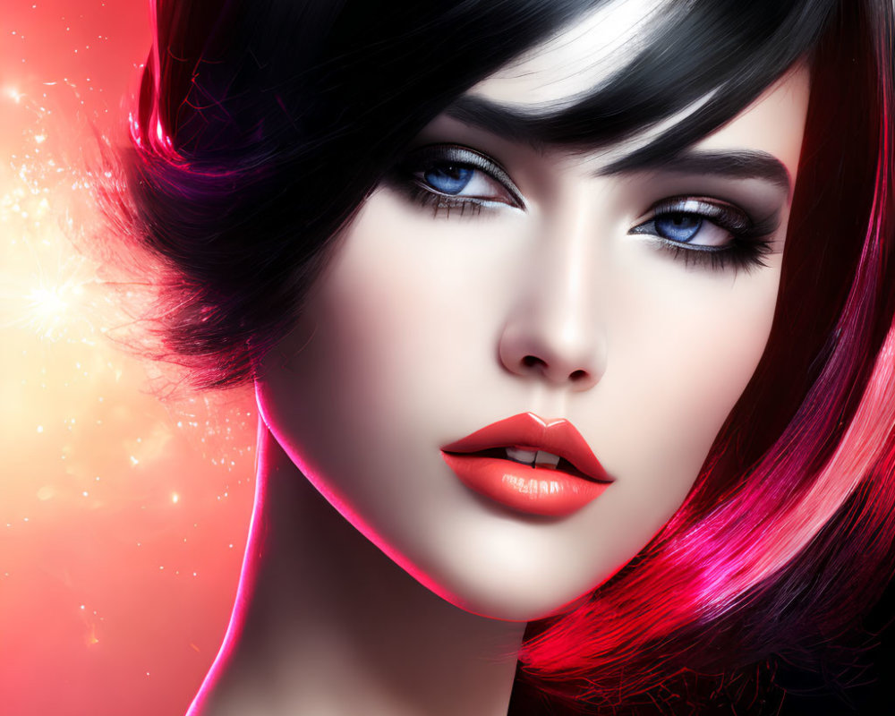 Stylized woman with black hair, blue eyes, and red lipstick on cosmic background