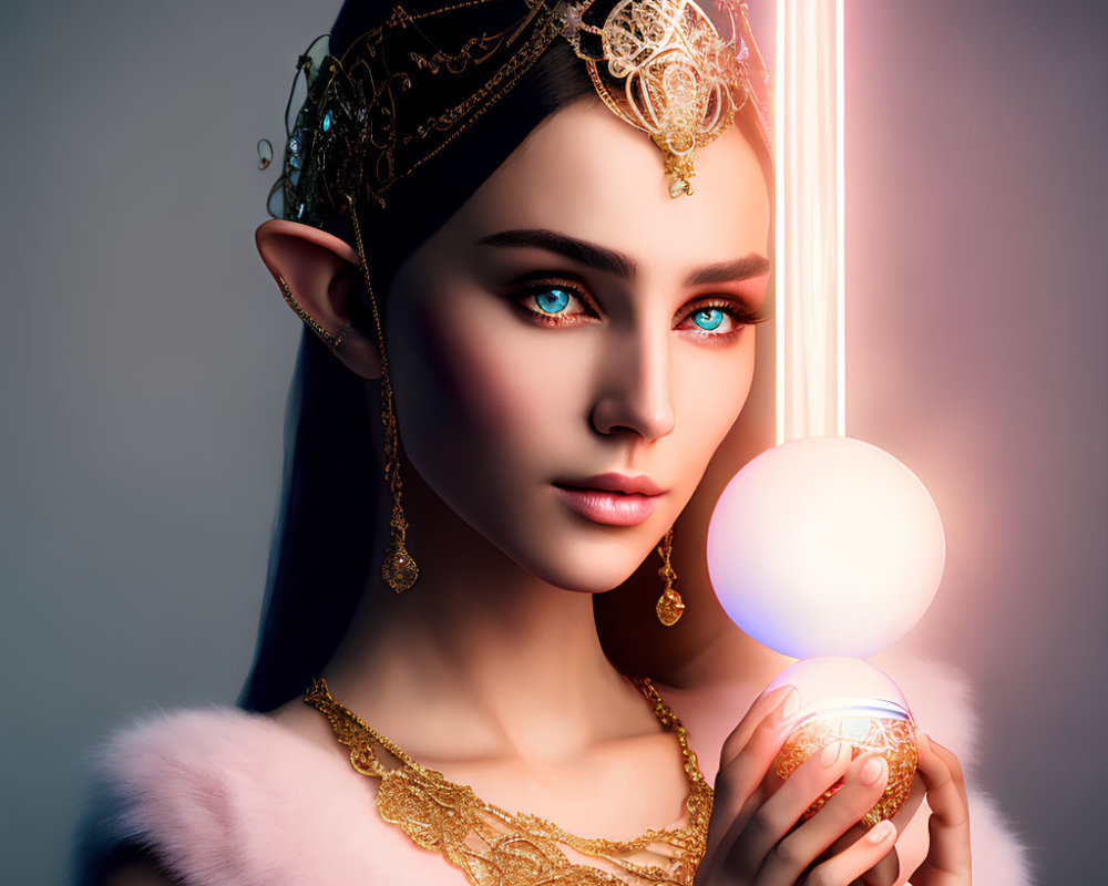 Fantasy elf digital art: pointy ears, golden jewelry, glowing orb, vertical light beam