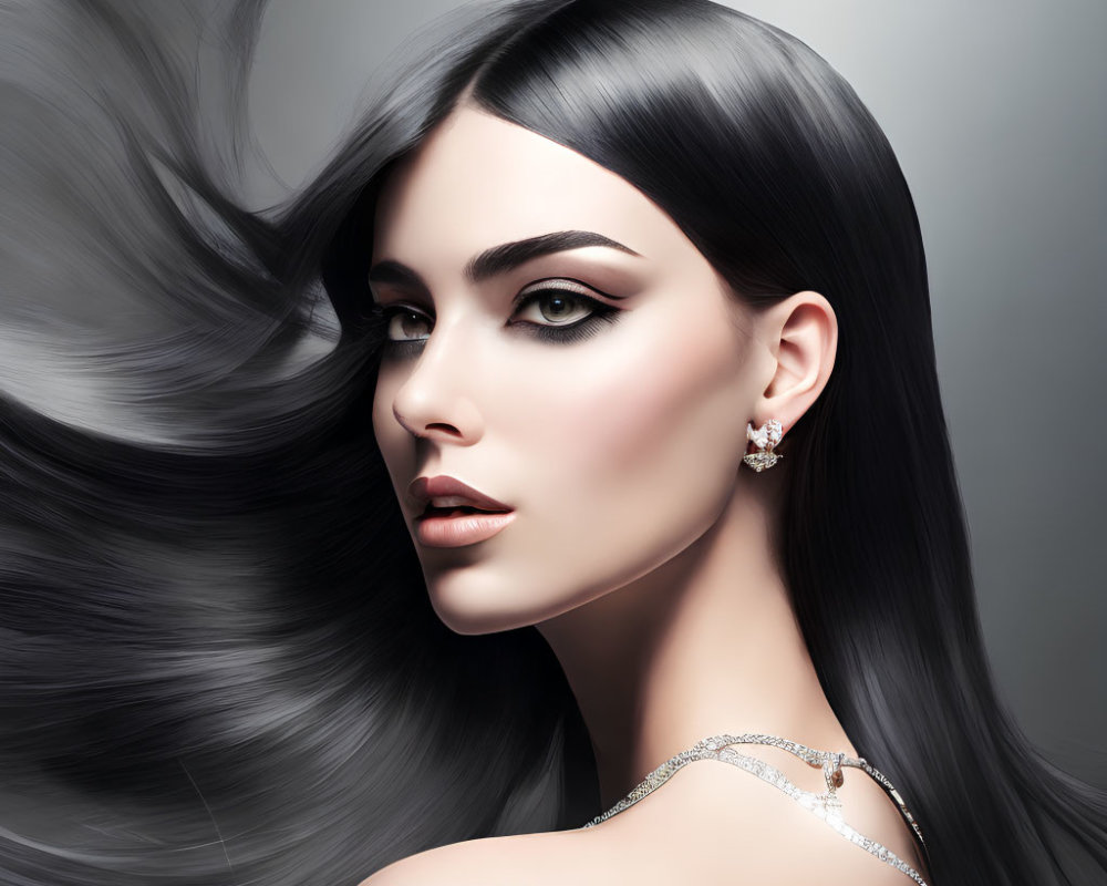 Elegant woman with black hair and striking makeup on grey background