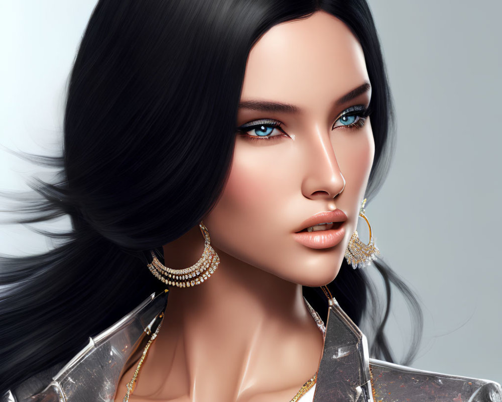 Close-up digital portrait of a woman with sleek black hair and piercing blue eyes.