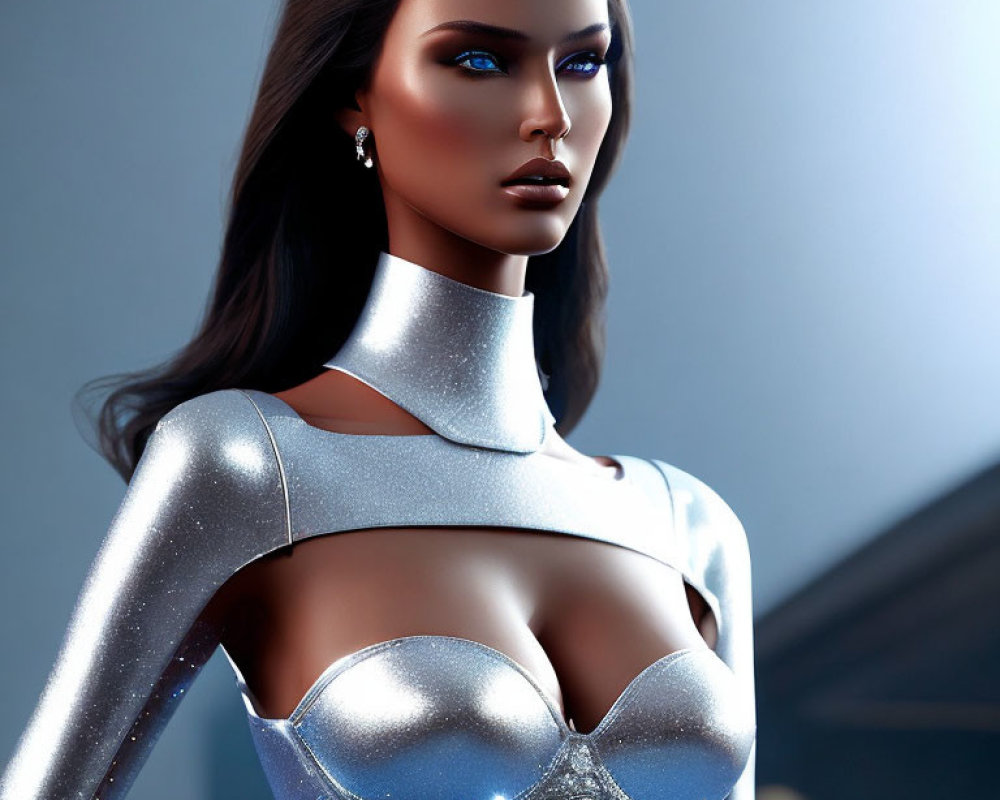 3D-rendered female figure with dark hair, blue eyes, and metallic silver clothing