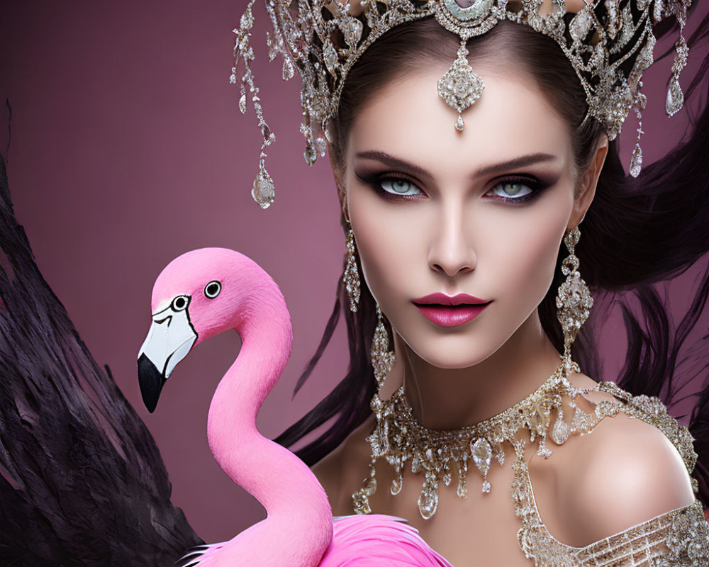 Elaborately adorned woman with crown beside pink flamingo on purple background