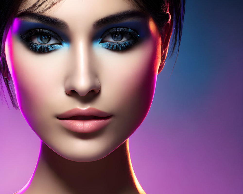 Close-Up Portrait of Woman with Striking Blue Eye Makeup on Gradient Background