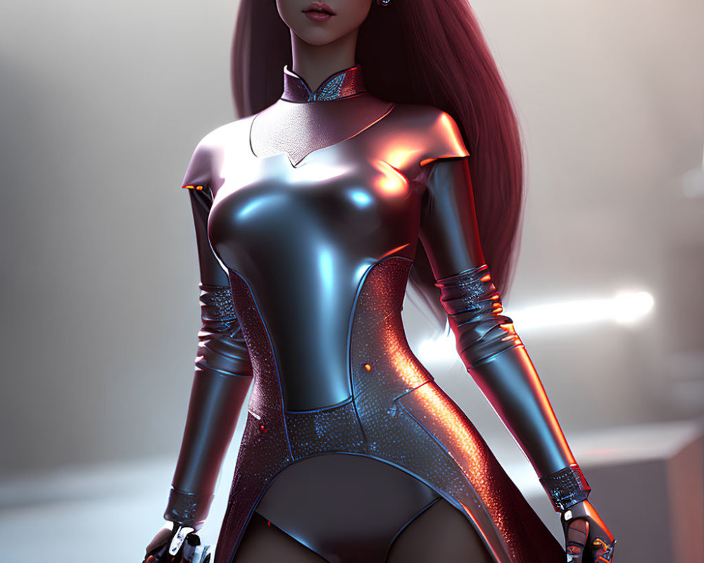 Digital artwork: Female character with red hair in futuristic bodysuit, gloves, and helmet