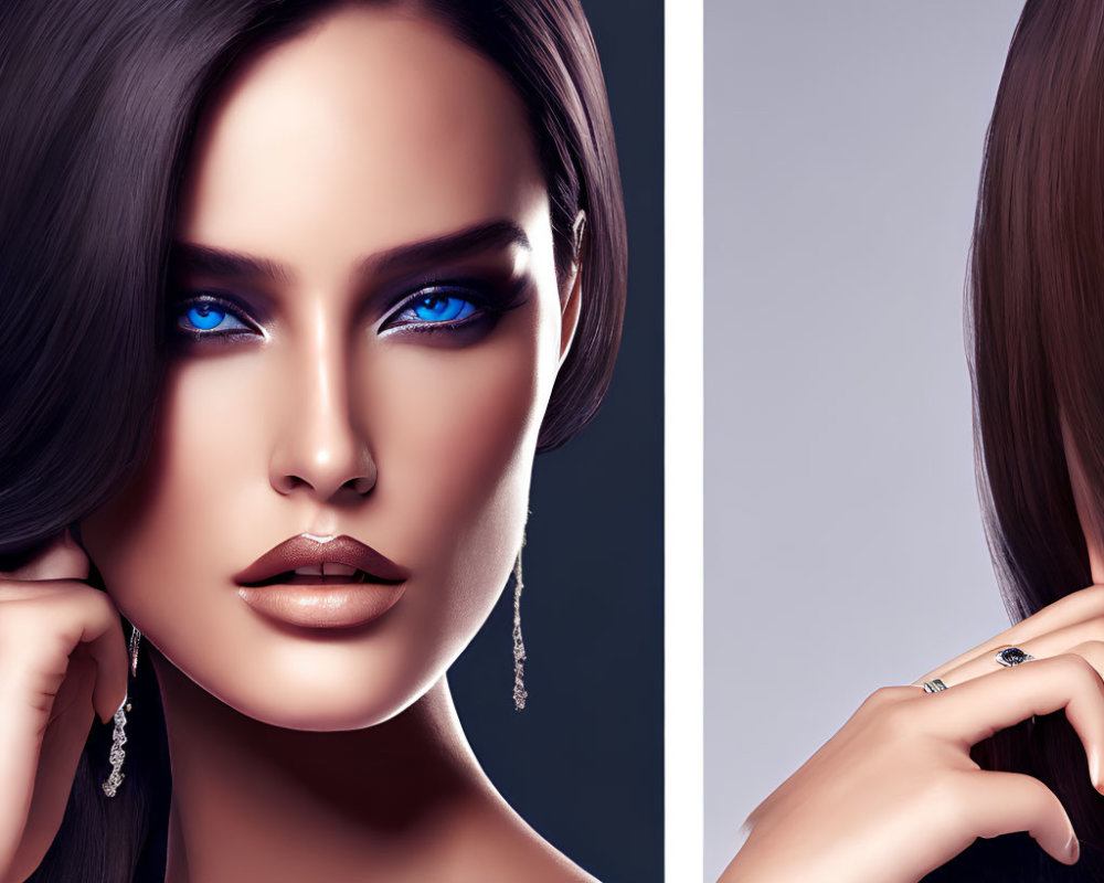 Digital illustration: Woman with blue eyes, flawless makeup, and sleek hair in split portrait