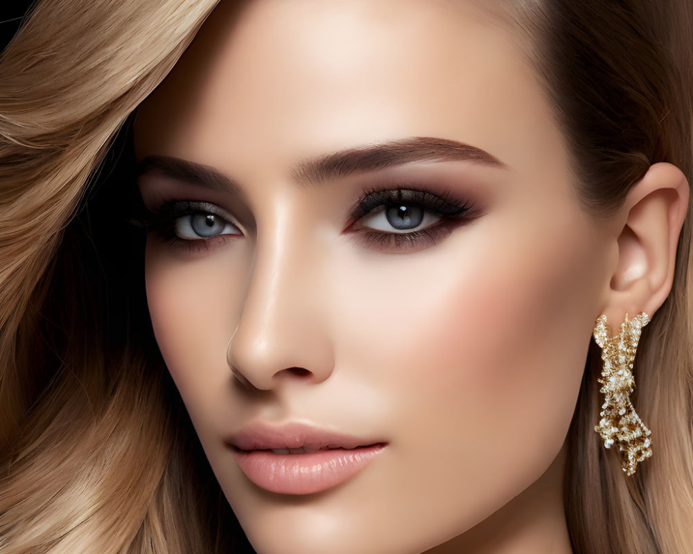 Flawless Skin and Striking Blue Eyes with Elegant Gold Earrings