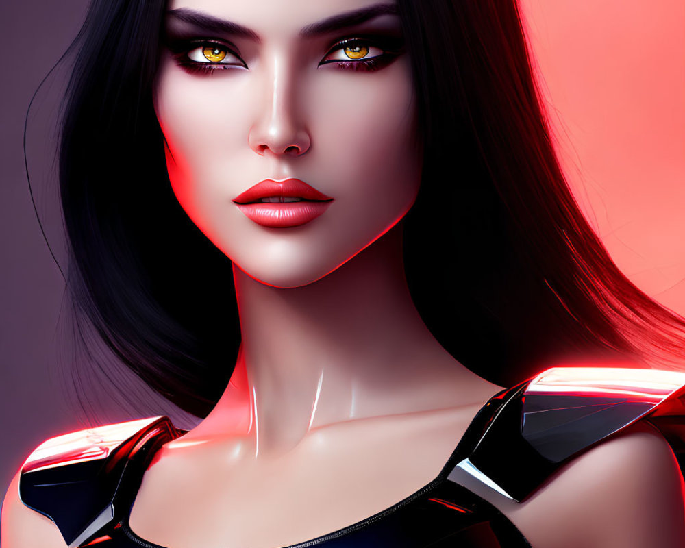 Digital portrait: Woman with red and blue lighting, futuristic black armor