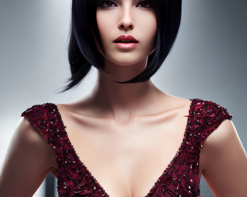 Woman in Sparkly Burgundy Dress with Bangs and Black Hair on Grey Background