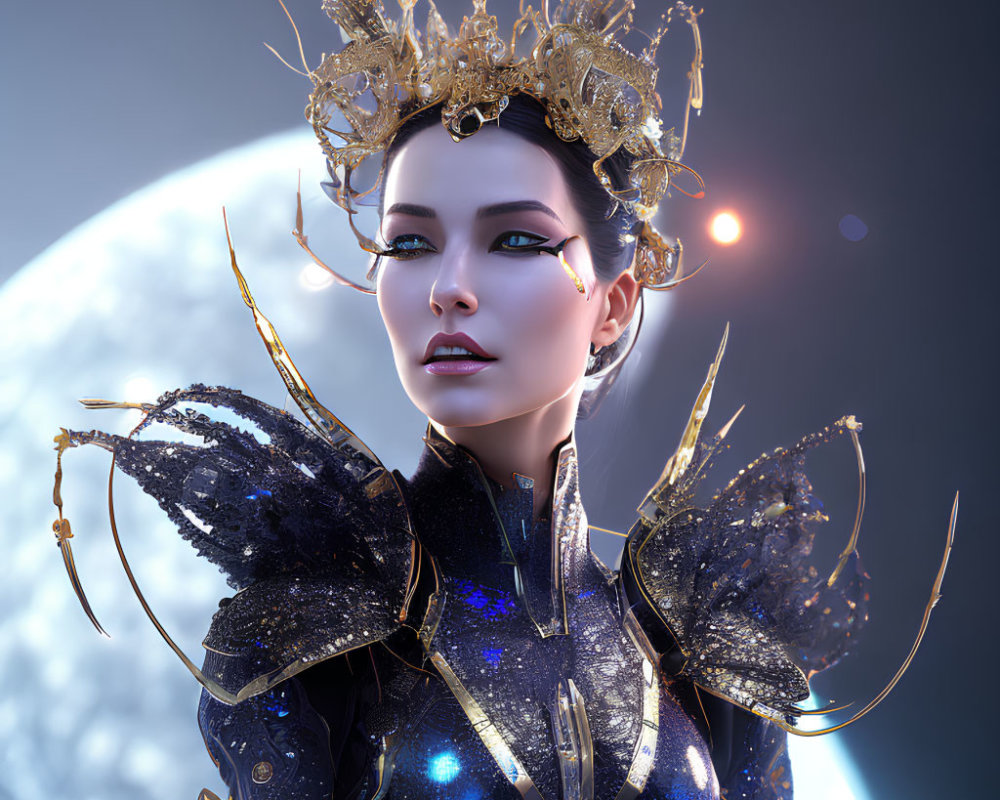 Digital artwork: Woman with golden crown and black/gold armor on moon background