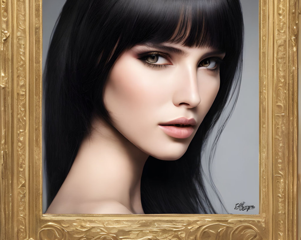 Portrait of Woman with Dark Hair and Striking Eyes in Ornate Golden Frame