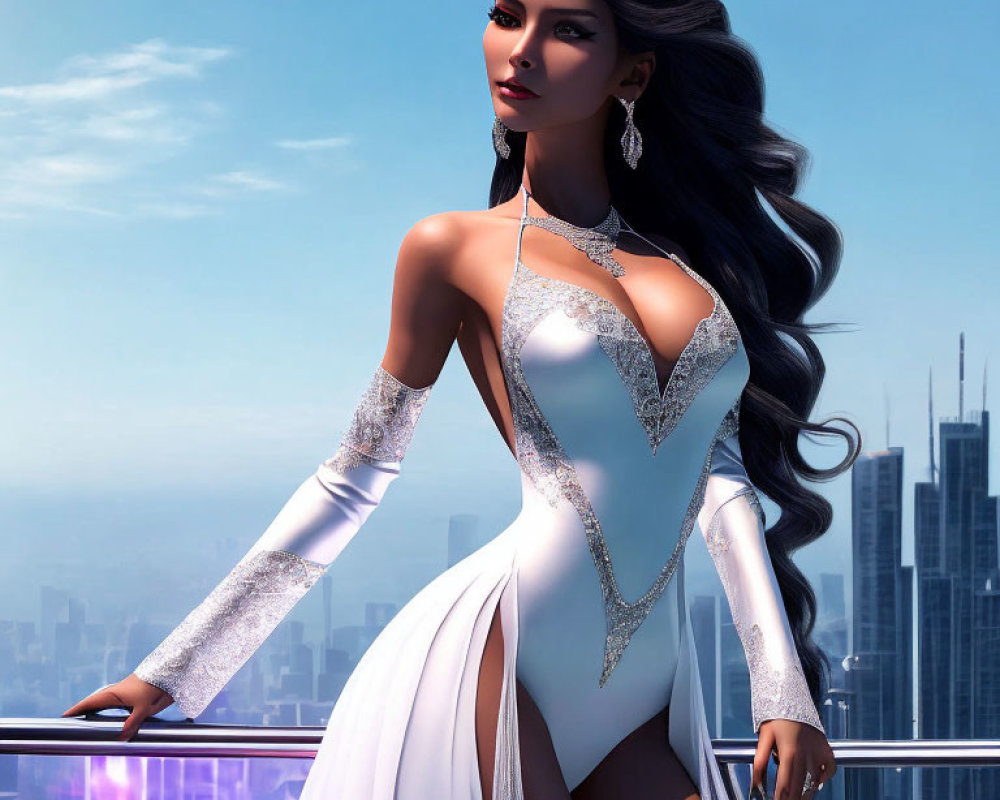 Animated woman in white dress on futuristic balcony viewing cityscape