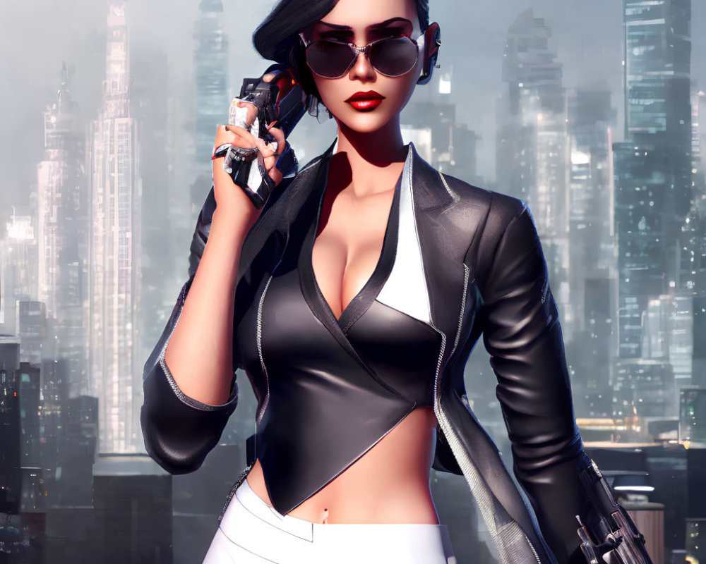 Stylized female character in leather jacket with gun against futuristic cityscape