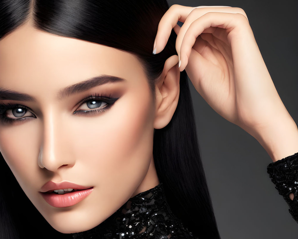 Dark-haired woman in black sequined outfit posing with hand in hair